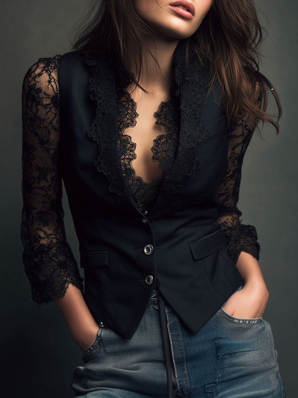 Noémie | Blazer Superior Preto com Mangas Semi-Transparentes