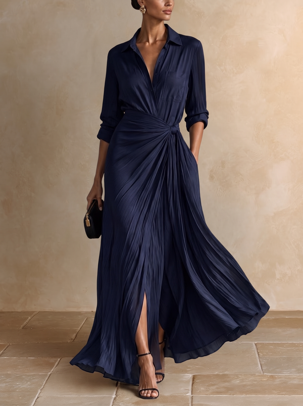 Gabriella | Elegante Vestido Camiseiro Maxi Azul-Marinho com Nó