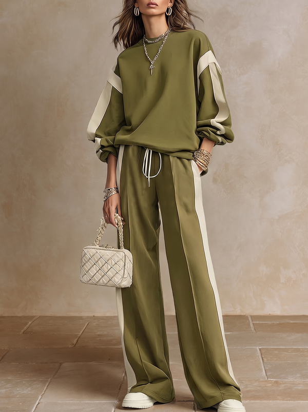 Sonia | Conjunto Casual de Sweatshirt Verde-Azeitona de Gola Redonda e Calças Largas com Cordão