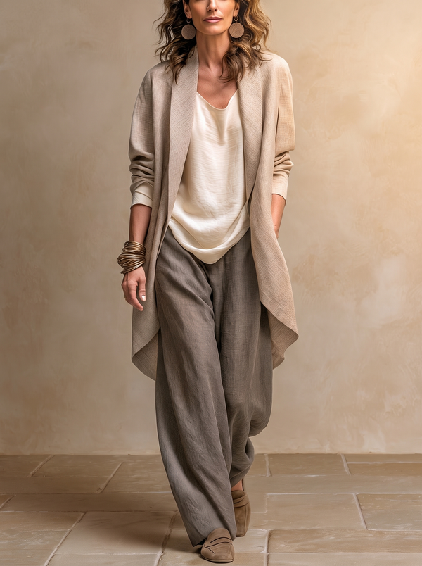 Costanza | Conjunto de Três Peças Bege e Cinzento, Casual em Camadas, com Calças Palazzo, Elegante